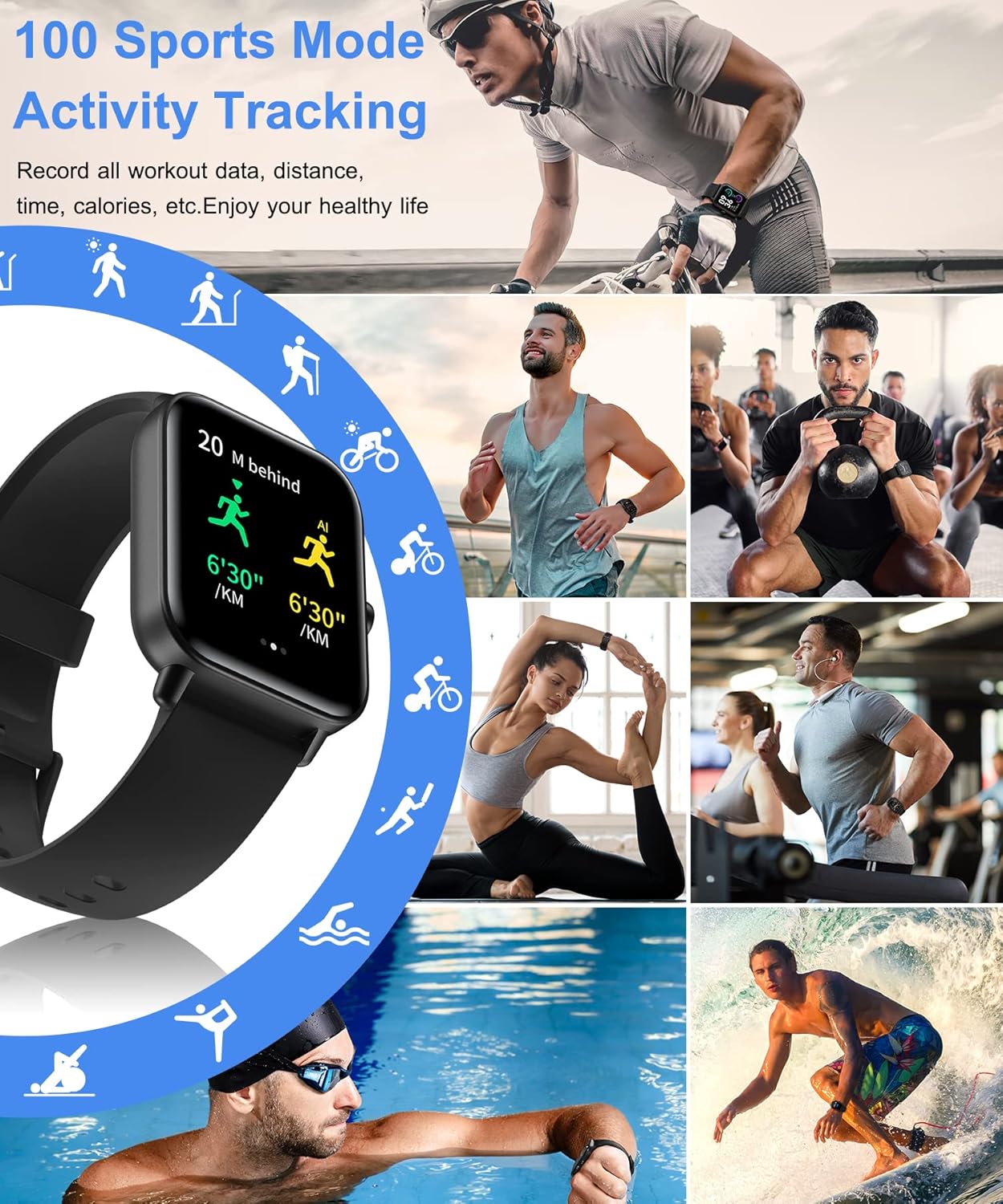 Smart Watch for Men Women with Bluetooth Call, Alexa Built-in, 1.8 Inch DIY Dial Fitness Tracker with Heart Rate Sleep Monitor 100 Sports Modes IP68 Waterproof Smartwatch for Android iOS