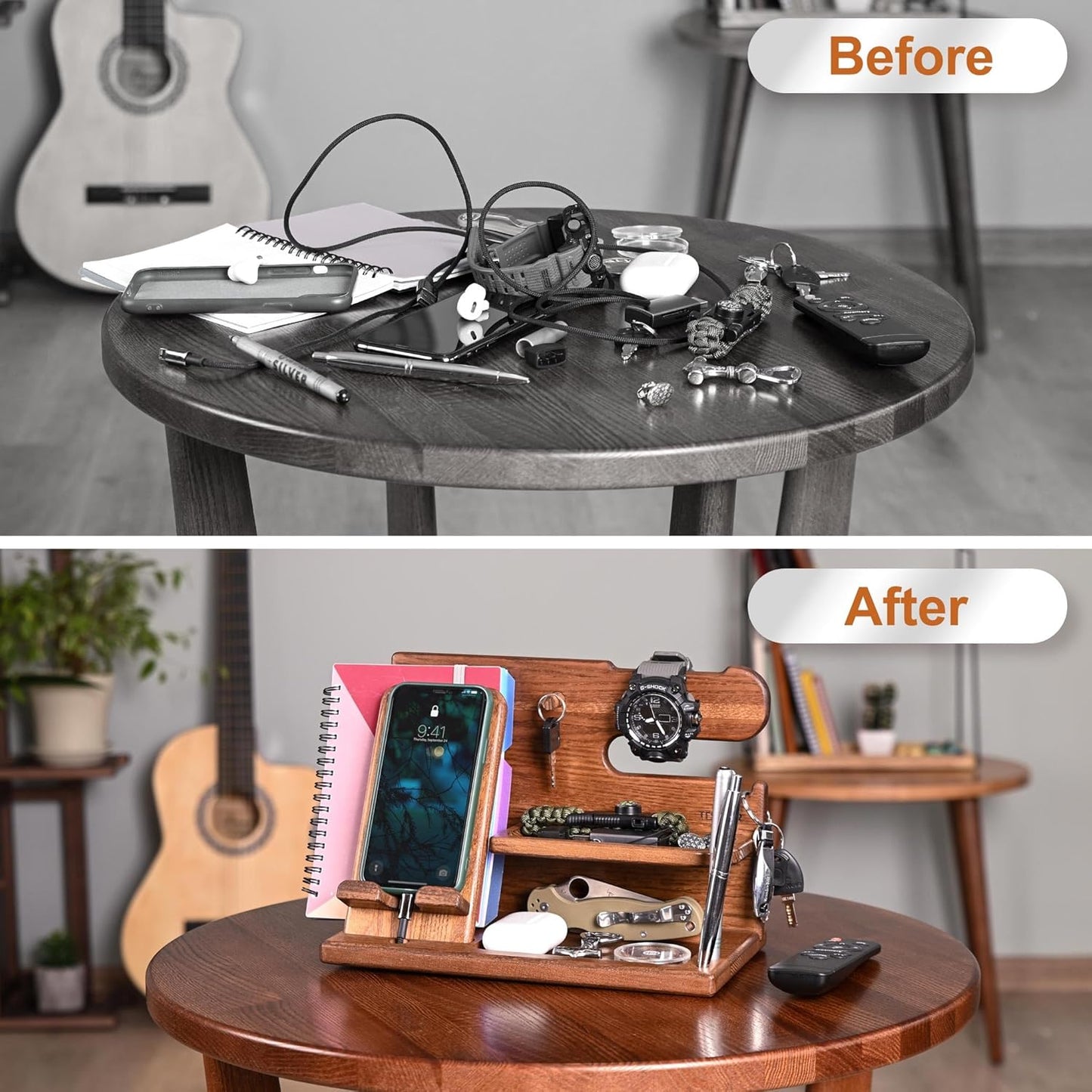 Wood Phone Docking Station Ash Key Holder Wallet Stand Watch Organizer Men Gift Husband Wife Anniversary Dad Birthday Nightstand Purse Father Graduation Male Travel Idea Gadgets (Brown)