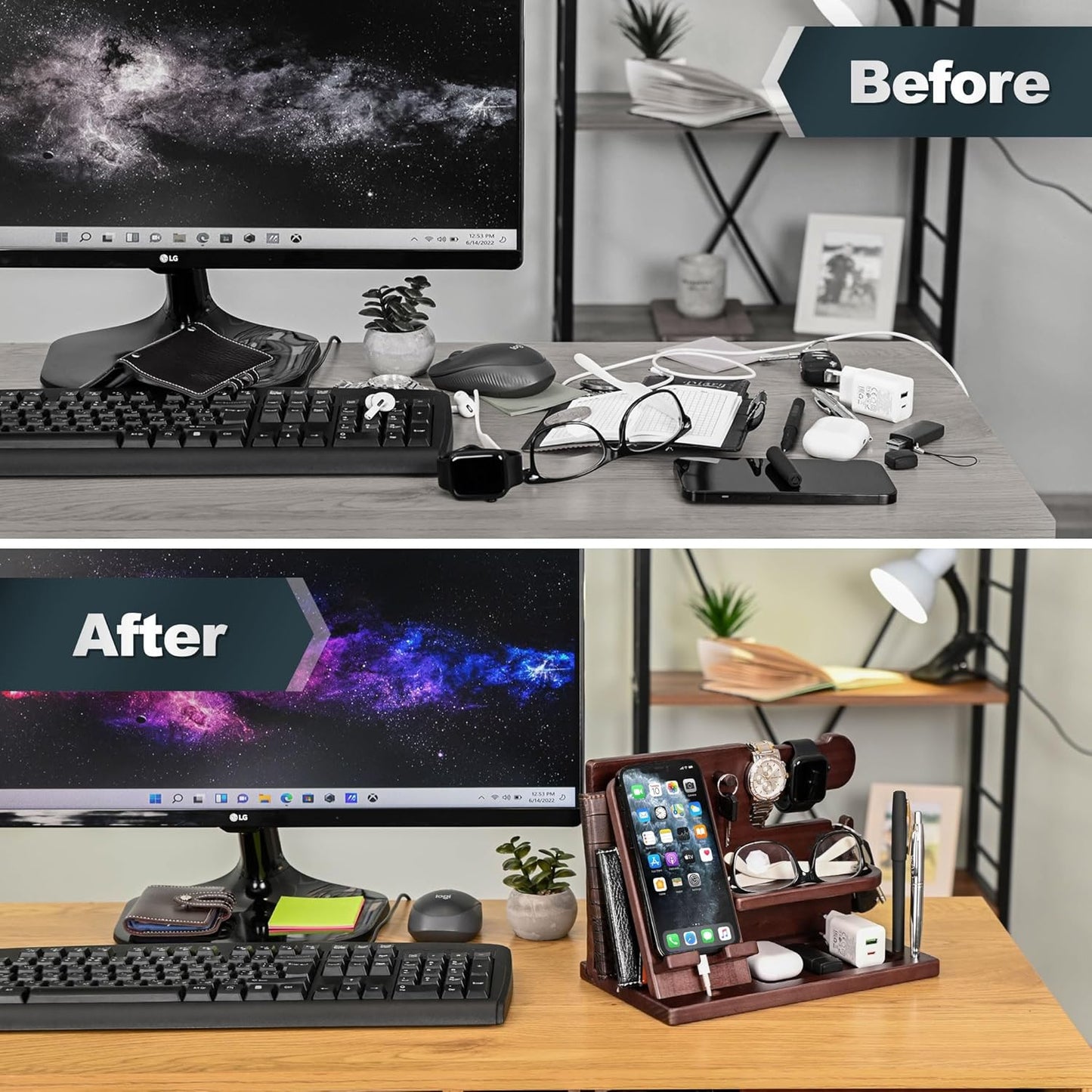 Wood Phone Docking Station Ash Key Holder Wallet Stand Watch Organizer Men Gift Husband Wife Anniversary Dad Birthday Nightstand Purse Father Graduation Male Travel Idea Gadgets (Brown)