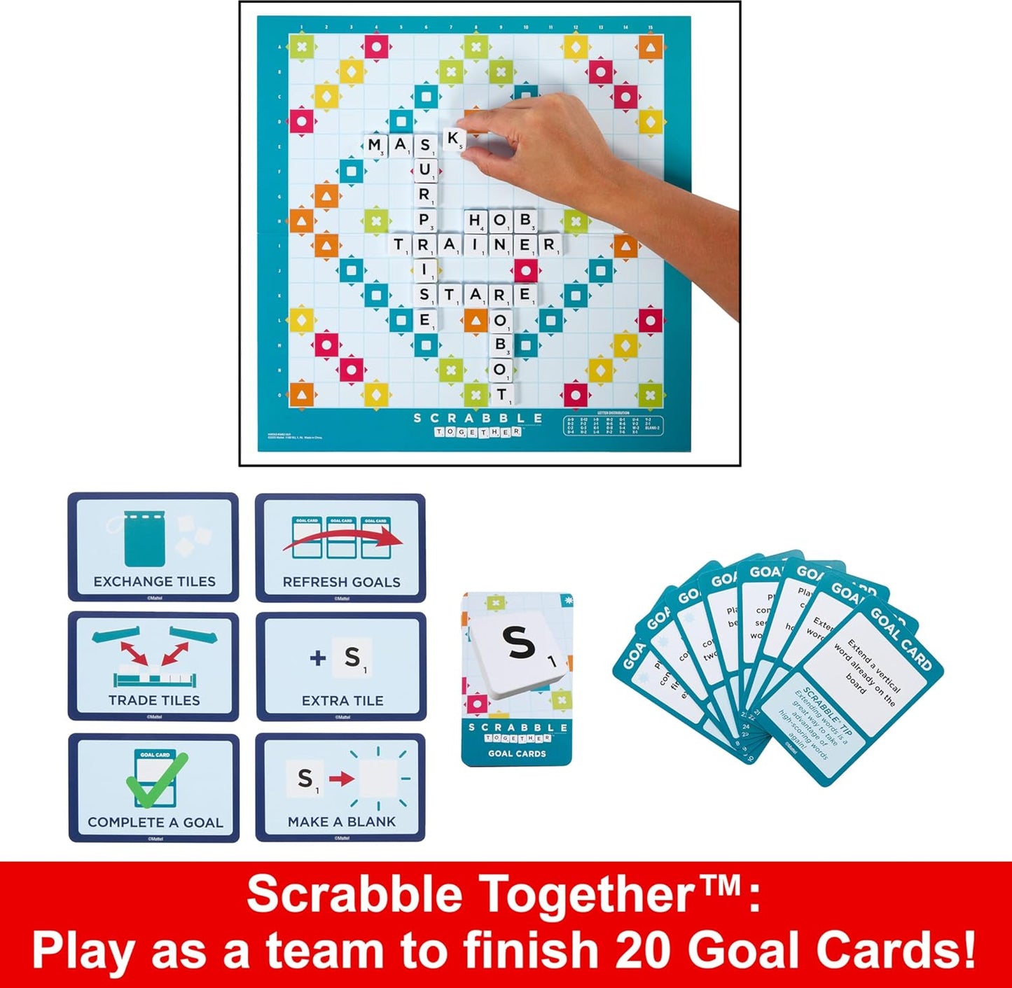 Mattel Games Scrabble Board Game, Family Word Game with Two Ways to Play, Includes 50 Goal Cards That Teach Scrabble Basics for 2-4 Players