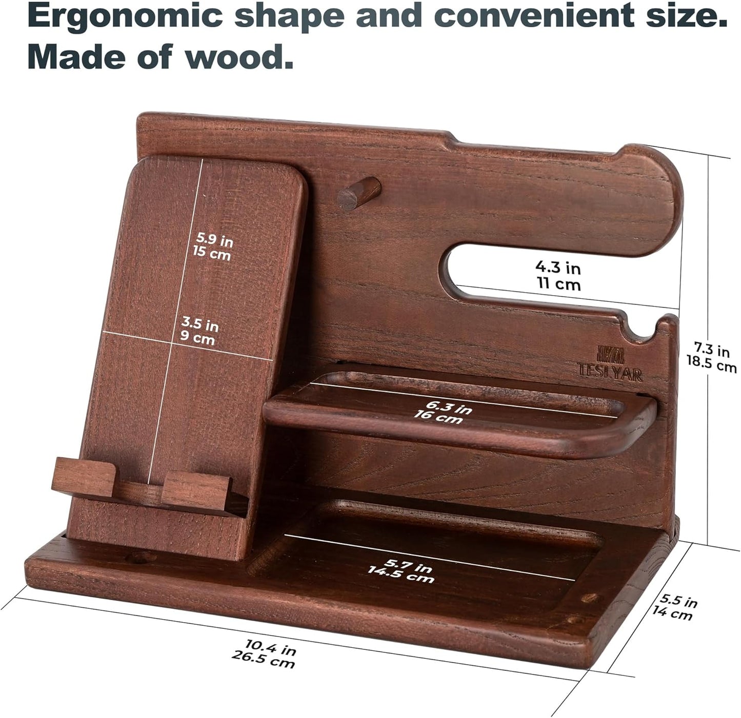 Wood Phone Docking Station Ash Key Holder Wallet Stand Watch Organizer Men Gift Husband Wife Anniversary Dad Birthday Nightstand Purse Father Graduation Male Travel Idea Gadgets (Brown)