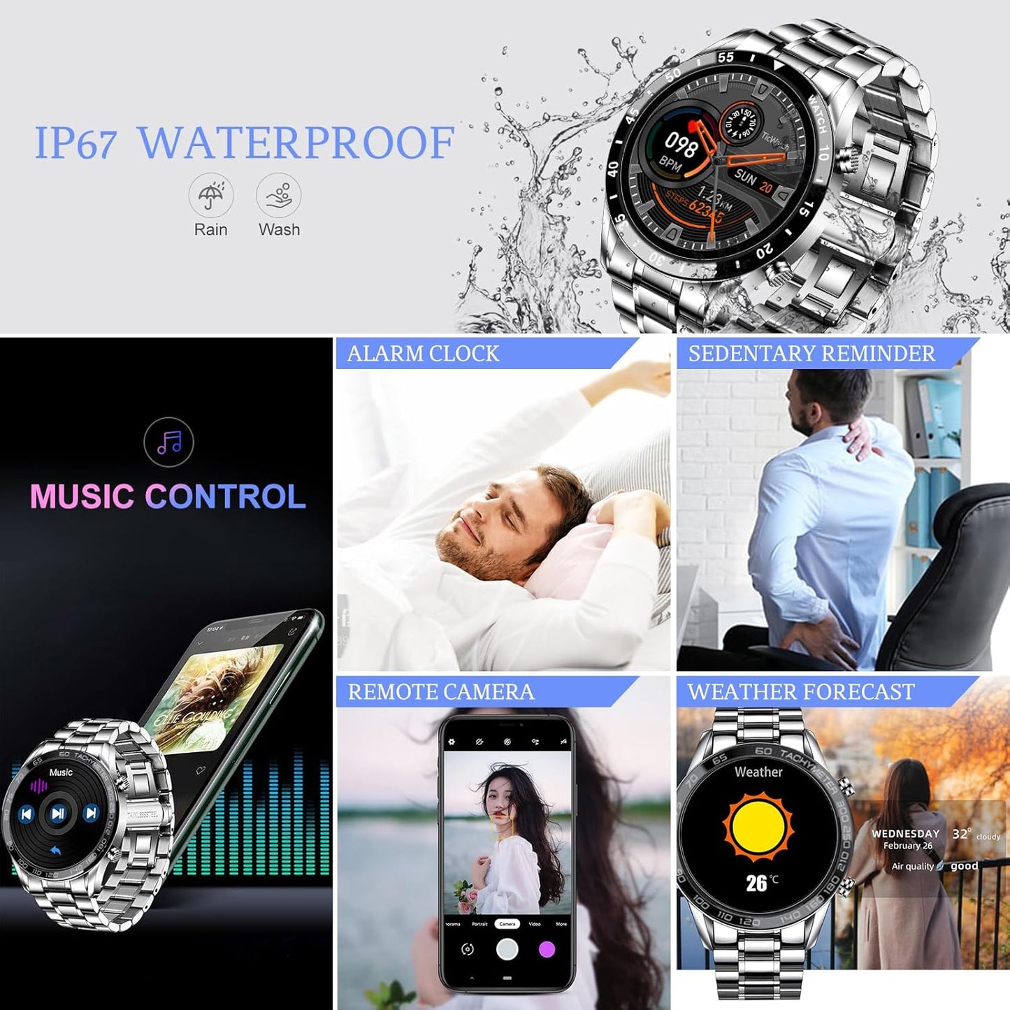 FILIEKEU Men Smart Watch for Android iOS, Bluetooth Calls Voice Chat with Heart Rate/Sleep Monitor Fitness Tracker, 1.3" Full Touch Screen IP67 Waterproof Stainless Steel Activity Tracker for Men,