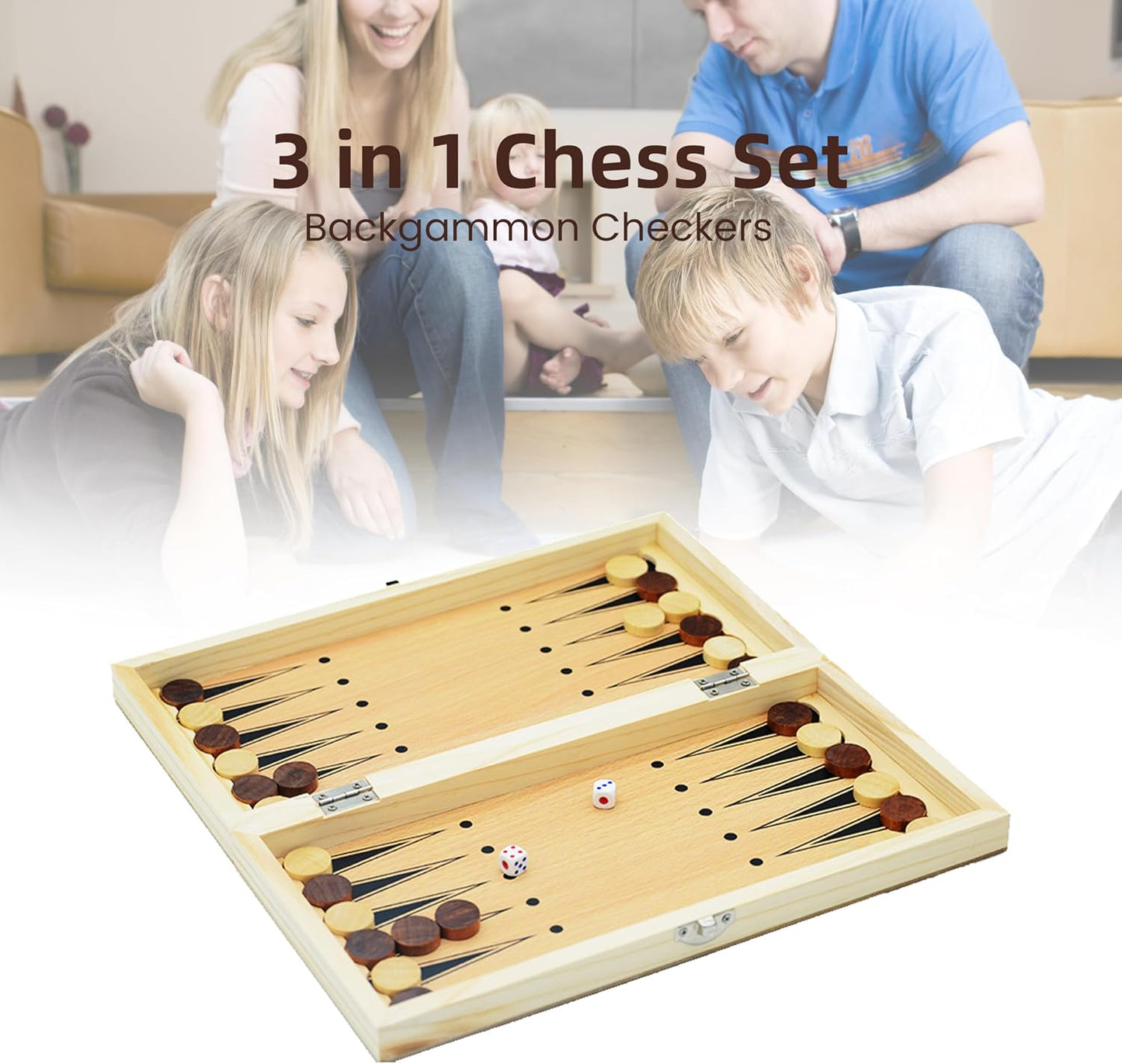3 in 1 Chess Set, Folding 24cm Wooden Board, Includes Chess, Checkers, Backgammon, Handcrafted Pieces with Storage, Elegant Present for Adults and Kids, Holiday, Birthday, Christmas, Travel Game