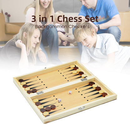 3 in 1 Chess Set, Folding 24cm Wooden Board, Includes Chess, Checkers, Backgammon, Handcrafted Pieces with Storage, Elegant Present for Adults and Kids, Holiday, Birthday, Christmas, Travel Game