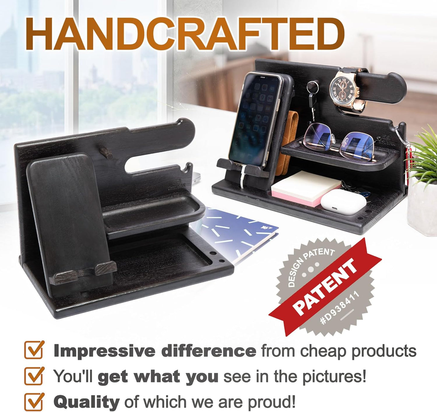 Wood Phone Docking Station Ash Key Holder Wallet Stand Watch Organizer Men Gift Husband Wife Anniversary Dad Birthday Nightstand Purse Father Graduation Male Travel Idea Gadgets (Brown)