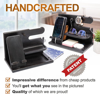 Wood Phone Docking Station Ash Key Holder Wallet Stand Watch Organizer Men Gift Husband Wife Anniversary Dad Birthday Nightstand Purse Father Graduation Male Travel Idea Gadgets (Brown)