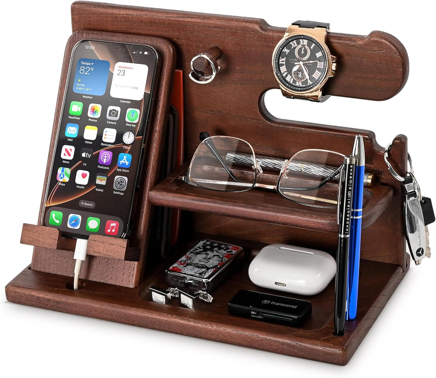 Wood Phone Docking Station Ash Key Holder Wallet Stand Watch Organizer Men Gift Husband Wife Anniversary Dad Birthday Nightstand Purse Father Graduation Male Travel Idea Gadgets (Brown)
