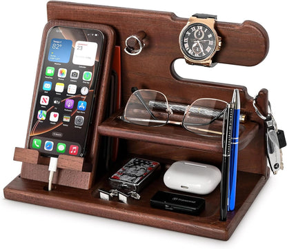Wood Phone Docking Station Ash Key Holder Wallet Stand Watch Organizer Men Gift Husband Wife Anniversary Dad Birthday Nightstand Purse Father Graduation Male Travel Idea Gadgets (Brown)