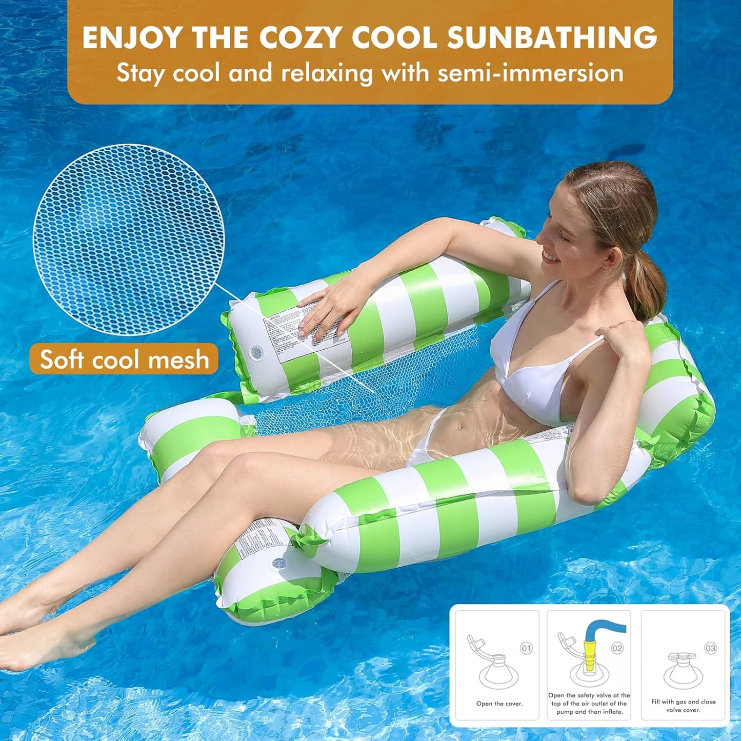 Inflatable Pool Float Chair Lounge for Adults and Kids Floating,Stripe Pattern Float Hammock for Pool Party Summer Water Fun