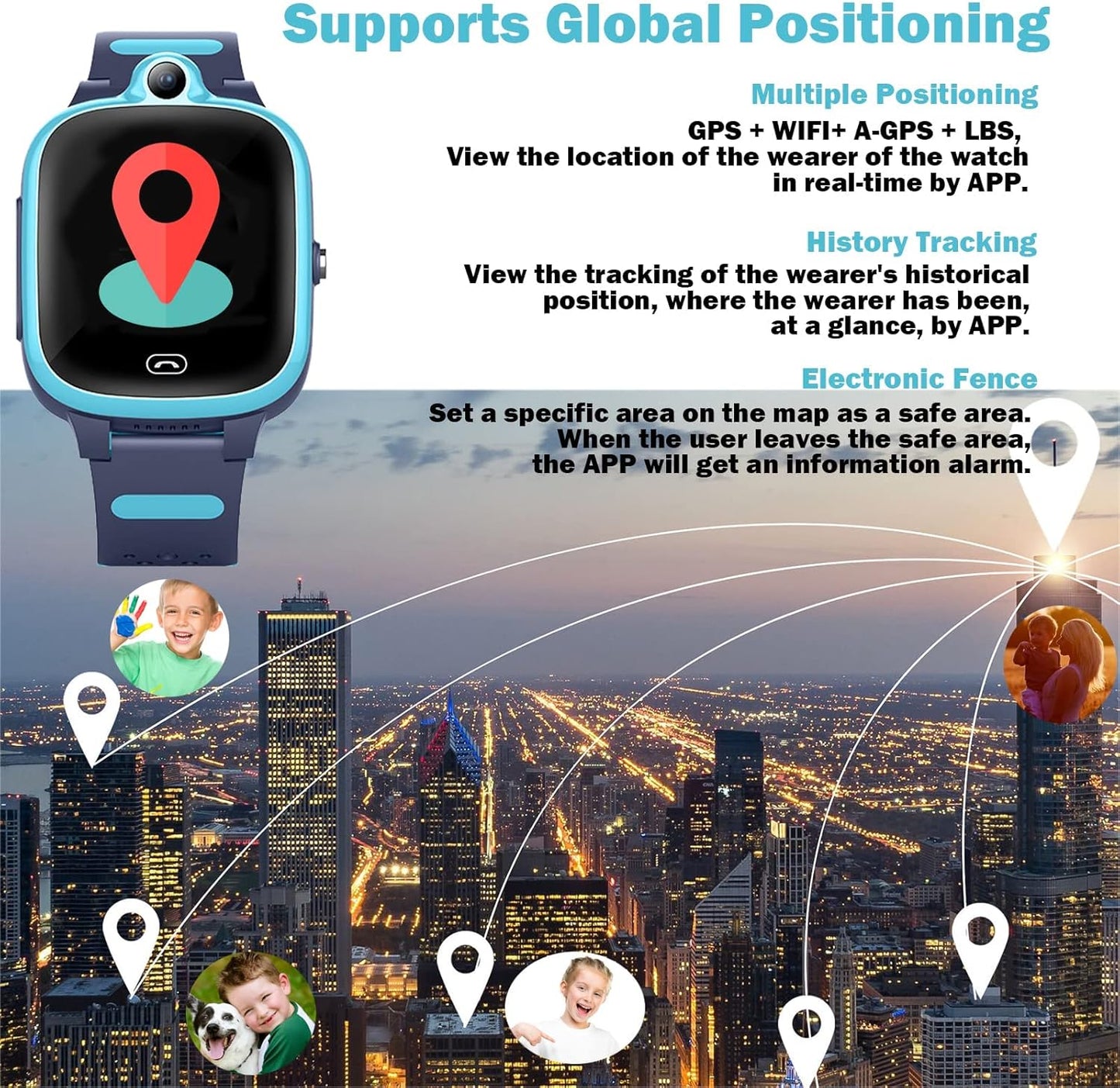 Kids 4G GPS Smart Watch, Waterproof Phone Smartwatch, Worldwide Real-time Tracking Video Phone Call Camera SOS Alarm Geo-Fence Touch Screen Pedometer Anti-Lost GPS Tracker Watch for Birthday Gift
