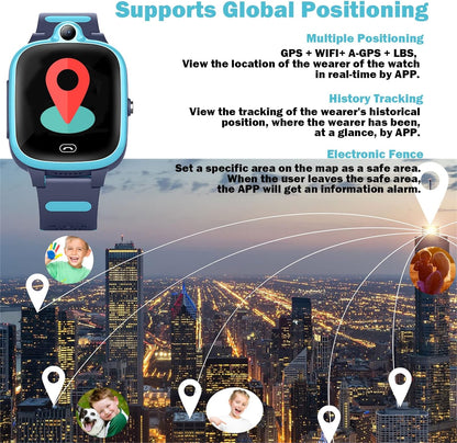 Kids 4G GPS Smart Watch, Waterproof Phone Smartwatch, Worldwide Real-time Tracking Video Phone Call Camera SOS Alarm Geo-Fence Touch Screen Pedometer Anti-Lost GPS Tracker Watch for Birthday Gift