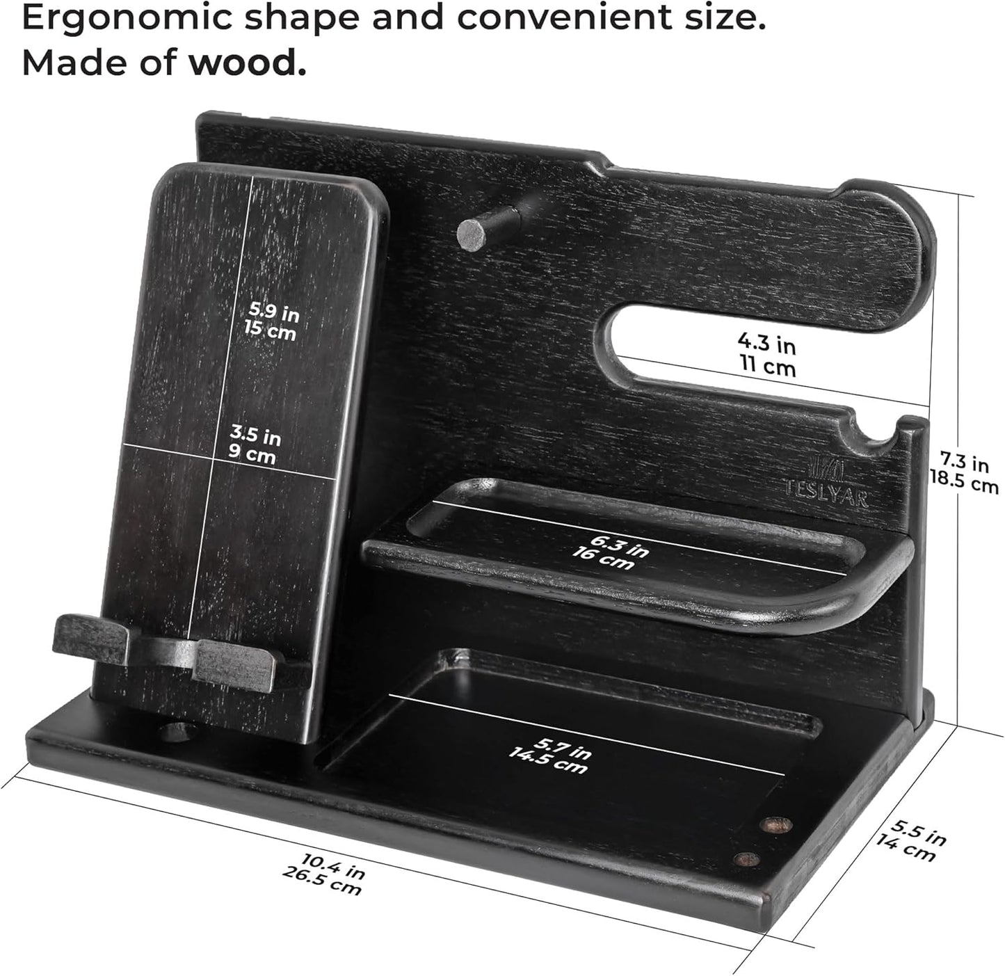 Wood Phone Docking Station Ash Key Holder Wallet Stand Watch Organizer Men Gift Husband Wife Anniversary Dad Birthday Nightstand Purse Father Graduation Male Travel Idea Gadgets (Brown)