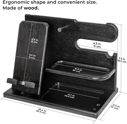 Wood Phone Docking Station Ash Key Holder Wallet Stand Watch Organizer Men Gift Husband Wife Anniversary Dad Birthday Nightstand Purse Father Graduation Male Travel Idea Gadgets (Brown)