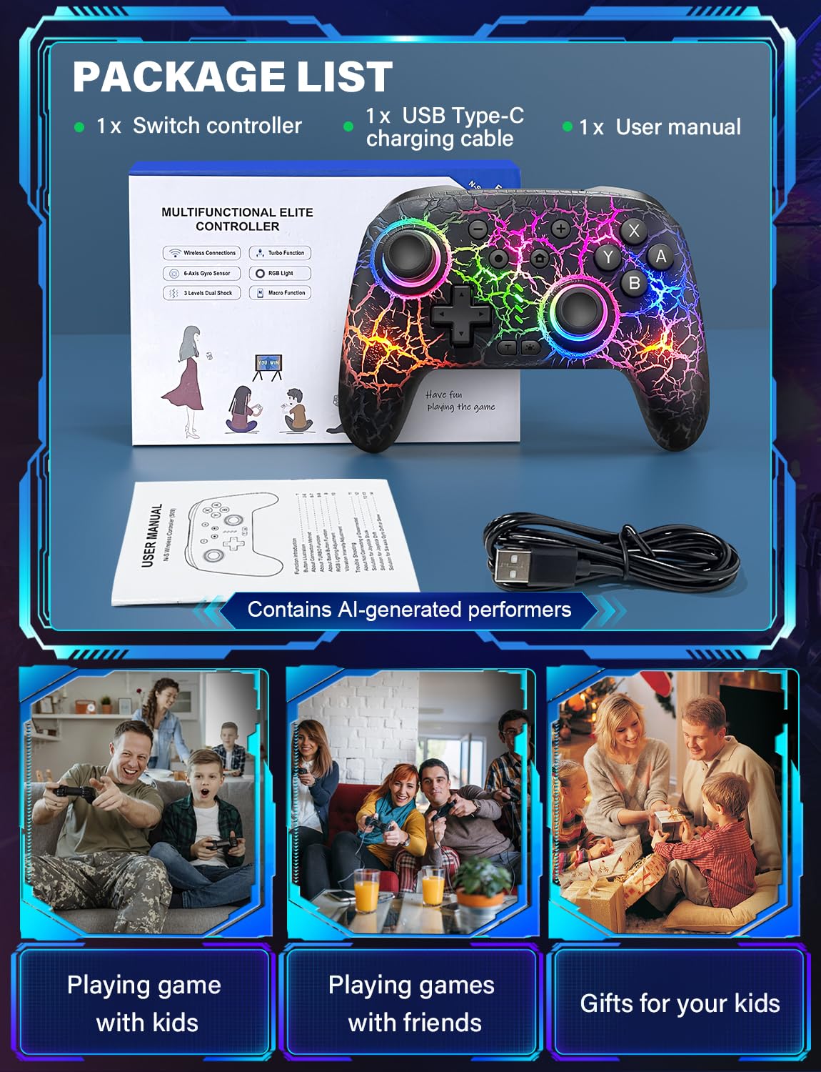 Wireless Game Controller Compatible with Nintendo Switch 2, Switch, OLED and Lite, Ergonomic Gaming Gamepad