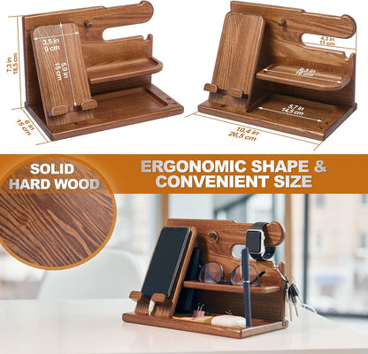 Wood Phone Docking Station Ash Key Holder Wallet Stand Watch Organizer Men Gift Husband Wife Anniversary Dad Birthday Nightstand Purse Father Graduation Male Travel Idea Gadgets (Brown)