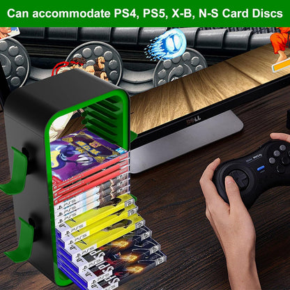 OYO-1【40cm】Game Storage Tower Compatible with PS5/ Xbox Series S & X/Switch, Universal Video Games Discs Organizers 18 PCS with 4 Controllers Holder, Game Disk Box Stand. (Black/Green)