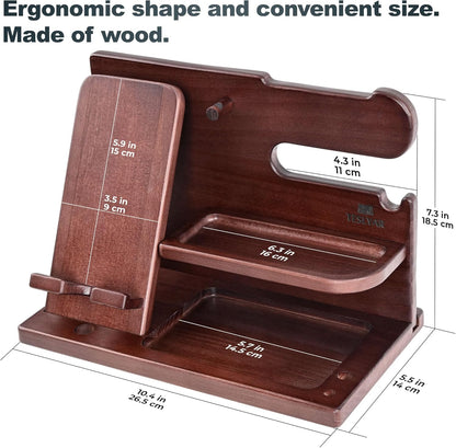 Wood Phone Docking Station Ash Key Holder Wallet Stand Watch Organizer Men Gift Husband Wife Anniversary Dad Birthday Nightstand Purse Father Graduation Male Travel Idea Gadgets (Brown)