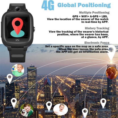 Kids 4G GPS Smart Watch, Waterproof Phone Smartwatch, Worldwide Real-time Tracking Video Phone Call Camera SOS Alarm Geo-Fence Touch Screen Pedometer Anti-Lost GPS Tracker Watch for Birthday Gift