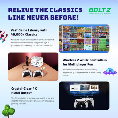 Boltz Retro Stick Gaming Stick – Retro handheld model with 40,000+ Classic Video Games, 9 Emulators, 128GB Storage, Plug & Play 4K HDMI Output, Includes 2 Wireless 2.4GHz Controllers