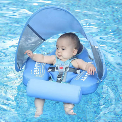 Mambobaby Float Non Inflatable Smart Swim Trainer Newest Size Improved Add Tail Never Flip Over UPF 50+ Sun Canopy Baby Swim Float Mambo Baby Float Solid Swimming Ring Infant Pool Float