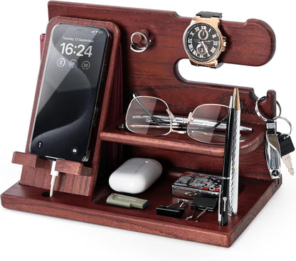 Wood Phone Docking Station Ash Key Holder Wallet Stand Watch Organizer Men Gift Husband Wife Anniversary Dad Birthday Nightstand Purse Father Graduation Male Travel Idea Gadgets (Brown)
