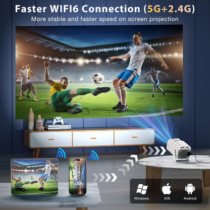 Mini Projector, Portable Projector Auto Keystone, Native 4K 1080P Smart Projector with WiFi 6, Bluetooth 5.0, Built-in Android 11.0, 10000 Lumens, Screen Adjustment, 180 Degree Rotation, White