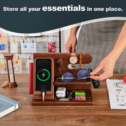 Wood Phone Docking Station Ash Key Holder Wallet Stand Watch Organizer Men Gift Husband Wife Anniversary Dad Birthday Nightstand Purse Father Graduation Male Travel Idea Gadgets (Brown)