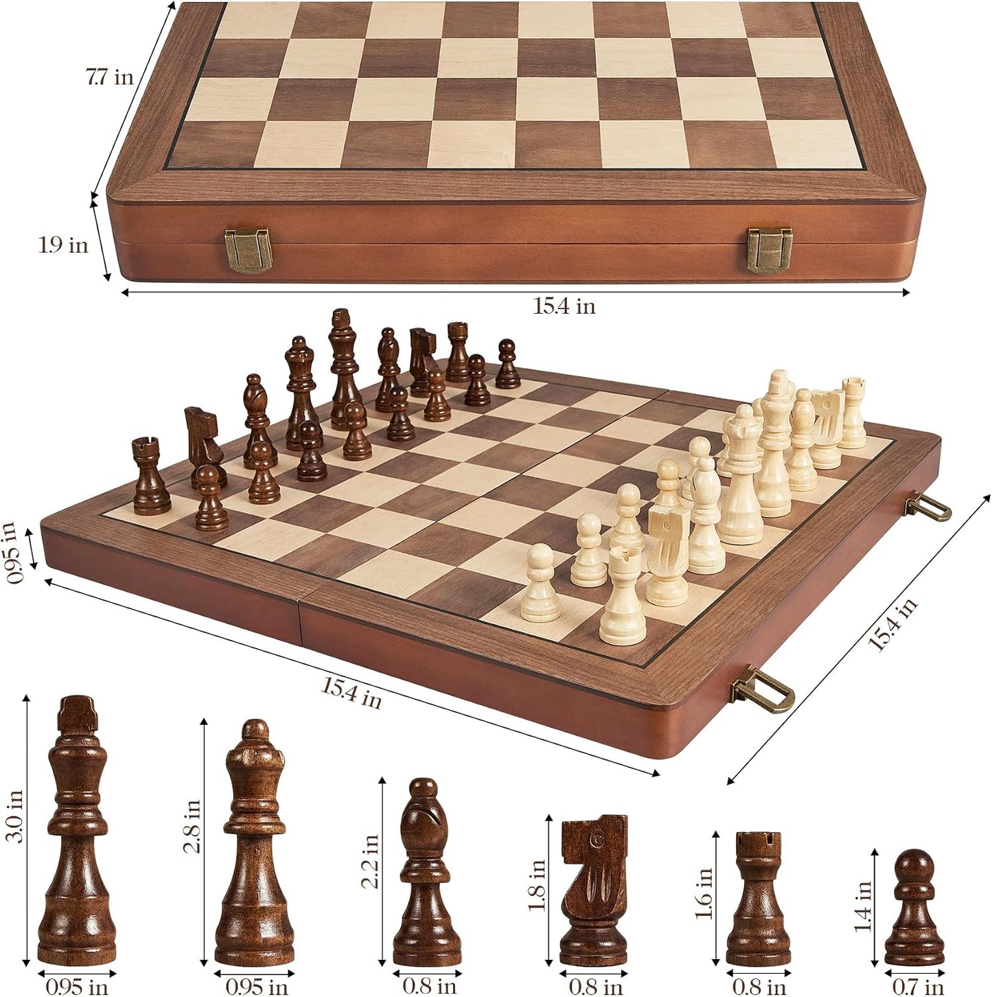 15 Inch Wooden Chess Set with Magnetic Pieces, Folding Chess Board, Extra Queens, Portable Travel Tournament Chess Game for Adults & Kids