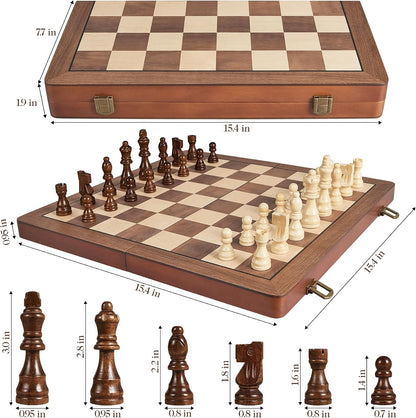15 Inch Wooden Chess Set with Magnetic Pieces, Folding Chess Board, Extra Queens, Portable Travel Tournament Chess Game for Adults & Kids