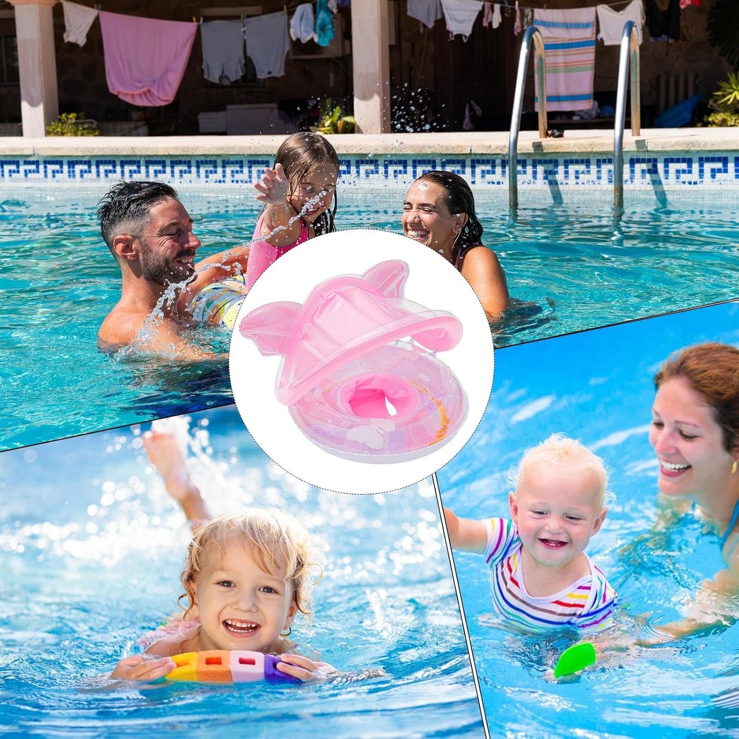 Baby Pool Float, Sun Protection Baby Canopy Pool Float, Butterfly Shape Raft Mat Lounge Boat for Outdoor Summer Swimming