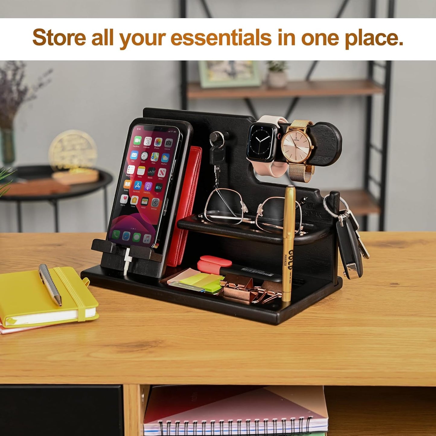 Wood Phone Docking Station Ash Key Holder Wallet Stand Watch Organizer Men Gift Husband Wife Anniversary Dad Birthday Nightstand Purse Father Graduation Male Travel Idea Gadgets (Brown)
