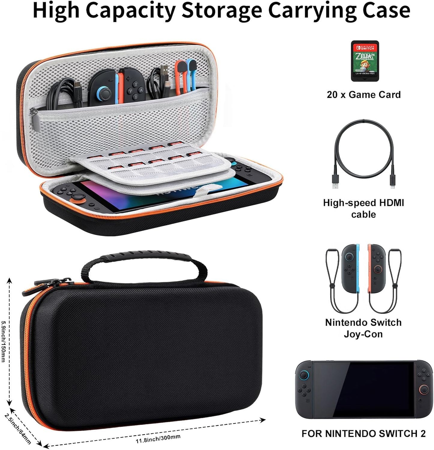 Lmcpa Carrying Case for Nintendo Switch 2 (2025) 7.9 Inch Console, Protective Hard Shell Portable Switch Travel Case, Durable Ballistic Nylon, Large Capacity, Accessories for Switch 2, Black
