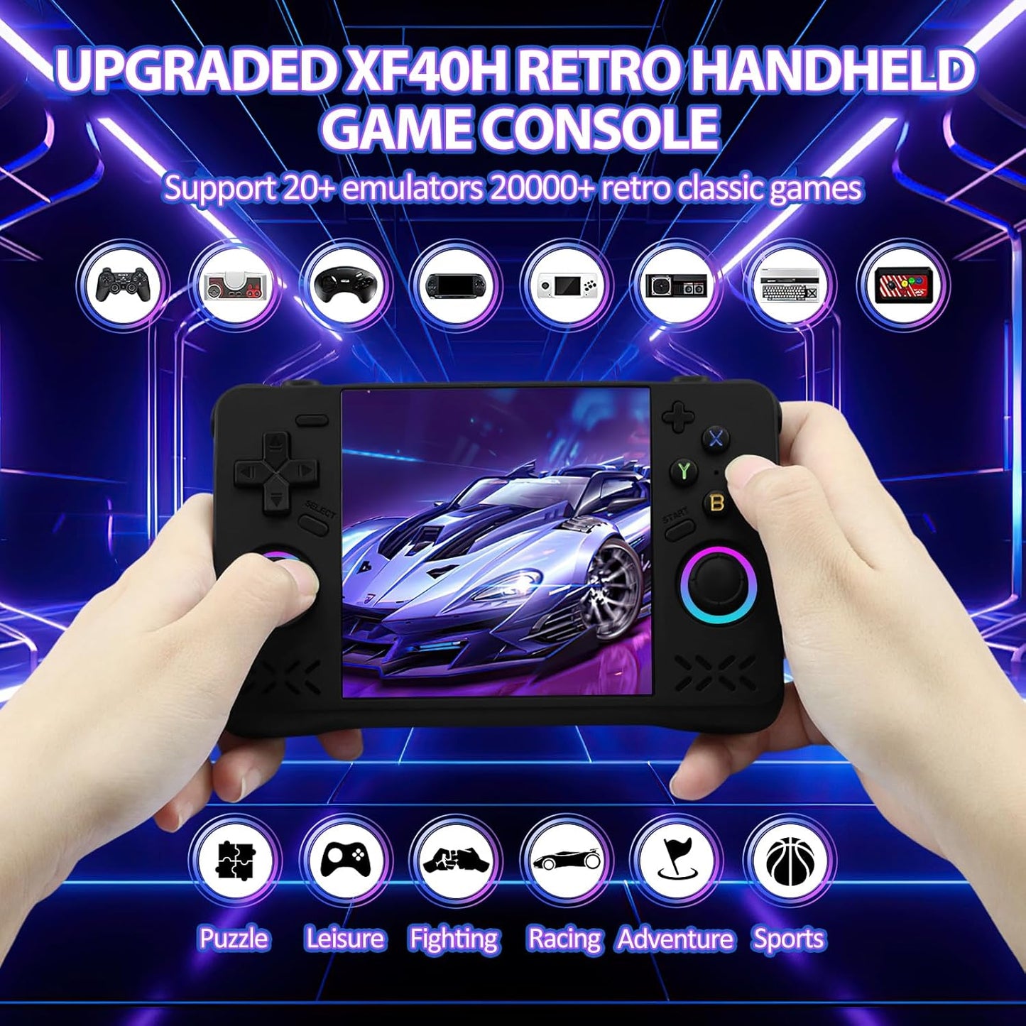 Upgraded XF40H handheld model, Retro handheld model Preloaded Classic Games with Multiple Emulators, 4.0 Inch 4K HD IPS Screen Open Source Linux System, Pocket Video Gaming (Black-128G)