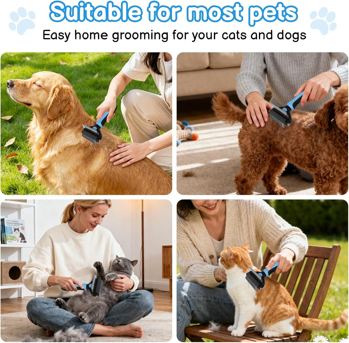 Cat Deshedding Brush & Dog Comb - 2 in 1 Undercoat Rake Detangling Tool for Cats and Dogs with Double Layer Lid, Extra-Wide Grooming & Deshedding for Long Hair (Blue)