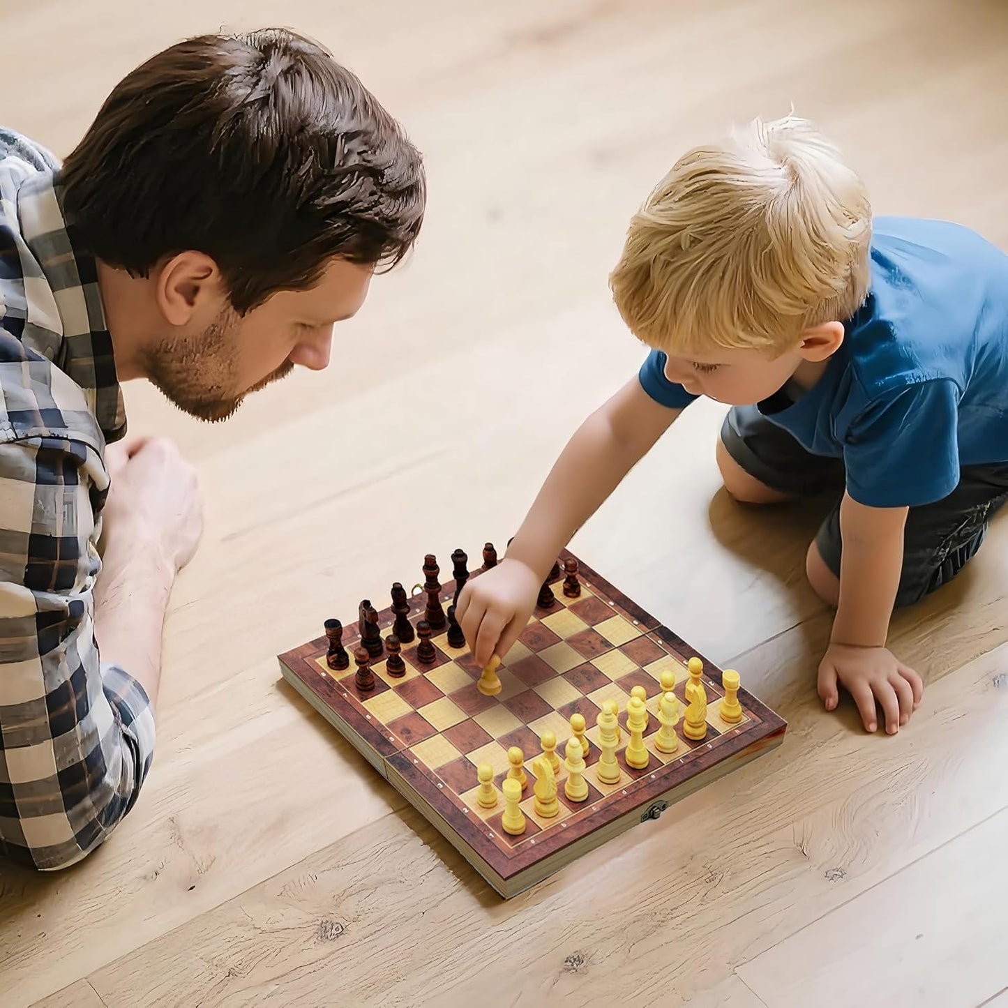 3 in 1 Chess Set, Folding 24cm Wooden Board, Includes Chess, Checkers, Backgammon, Handcrafted Pieces with Storage, Elegant Present for Adults and Kids, Holiday, Birthday, Christmas, Travel Game
