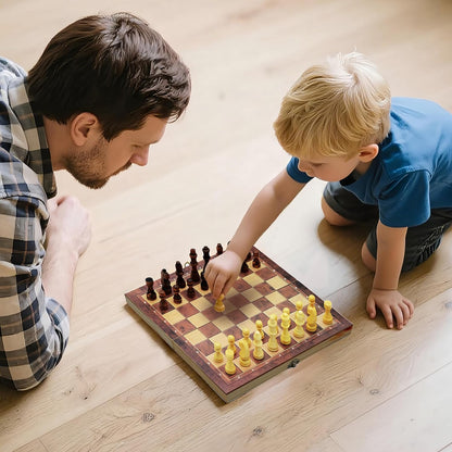3 in 1 Chess Set, Folding 24cm Wooden Board, Includes Chess, Checkers, Backgammon, Handcrafted Pieces with Storage, Elegant Present for Adults and Kids, Holiday, Birthday, Christmas, Travel Game