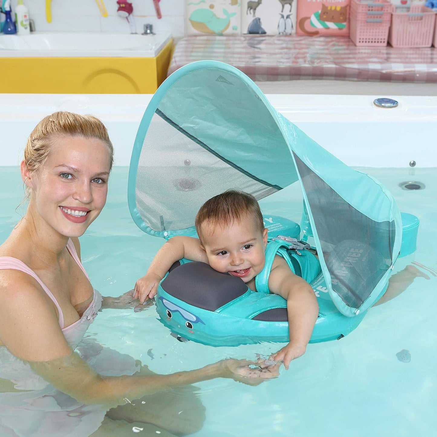 Baby Float, Mambobaby Float Add Tail Newest Mambo Baby Swimming Float with Canopy, Waterproof Non-Inflatable Solid Baby Swim Trainer with Adjustable Safety Strap