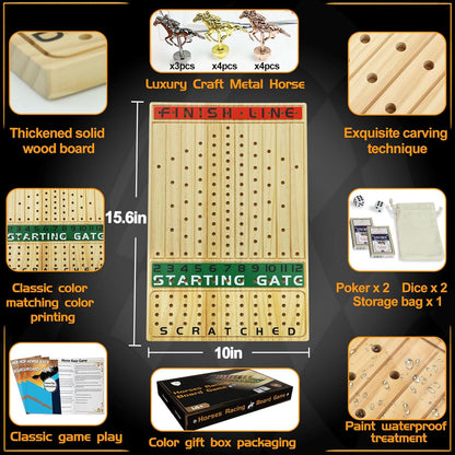 Horse Racing Board Game Solid Wood with 11 Luxury Metal Horses Thickened Pine Finish LINE Race Game Chessboard Including 2 Sets of dice and 2 Boxes of Cards(Log Color)