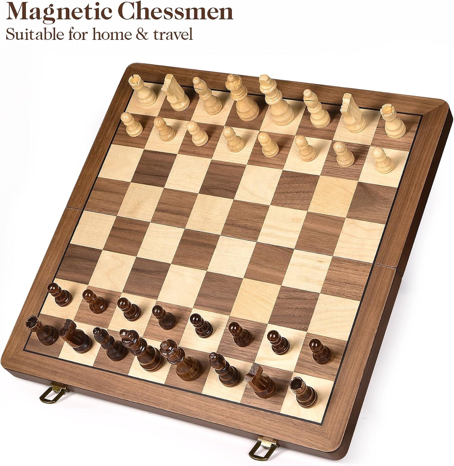 15 Inch Wooden Chess Set with Magnetic Pieces, Folding Chess Board, Extra Queens, Portable Travel Tournament Chess Game for Adults & Kids