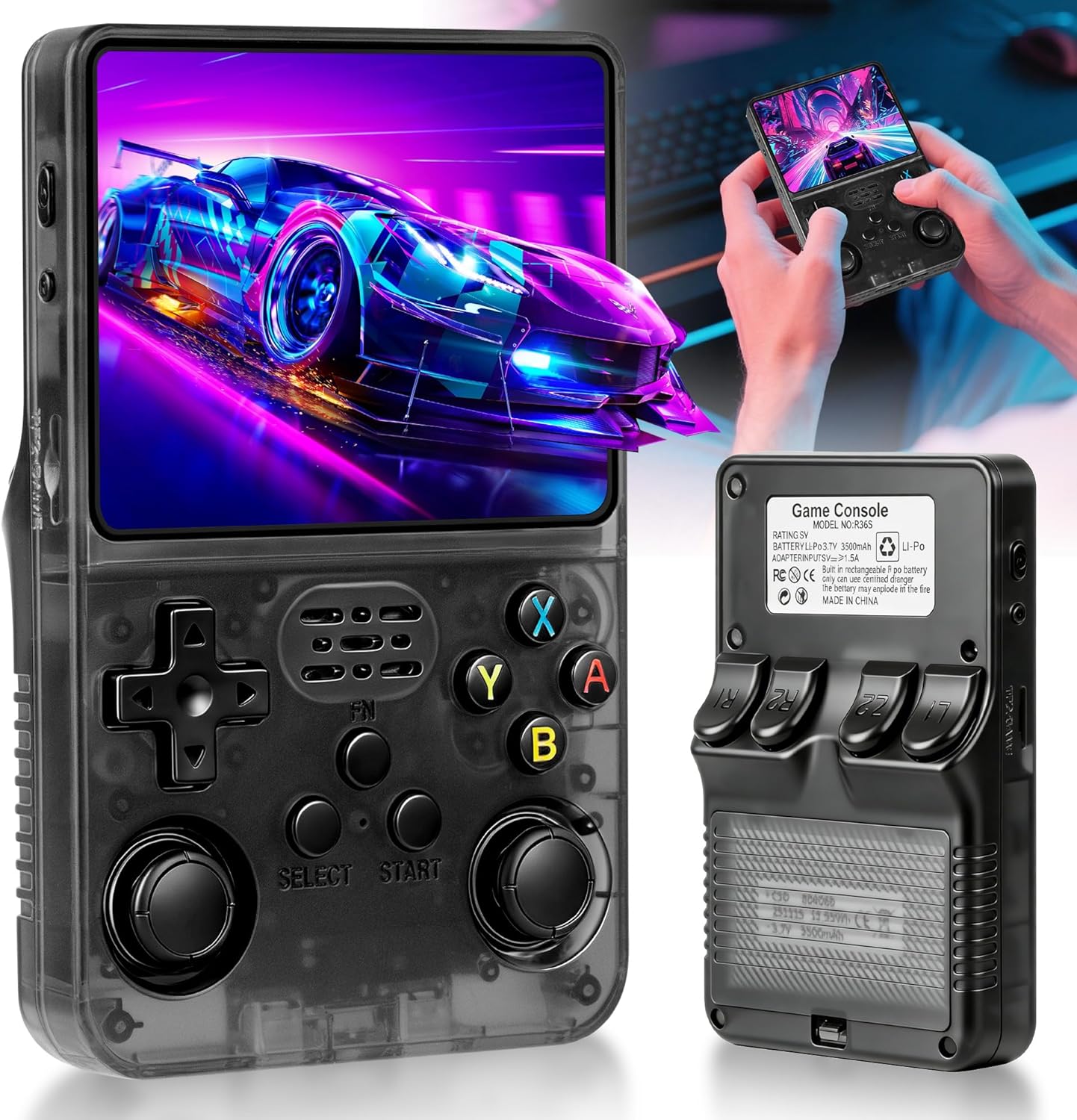 R36S Retro handheld model, handheld model with 3.5-in IPS HD Screen，Video handheld models with 64GB Memory, Ultra-Long Standby Time, Perfect for Travel & Outings, Gift for Adults Teens early-stage (Black)