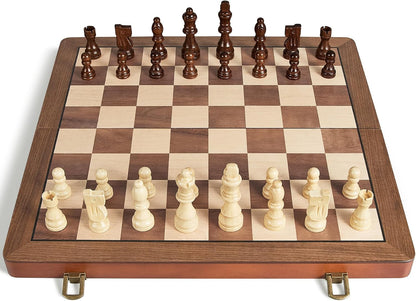 15 Inch Wooden Chess Set with Magnetic Pieces, Folding Chess Board, Extra Queens, Portable Travel Tournament Chess Game for Adults & Kids
