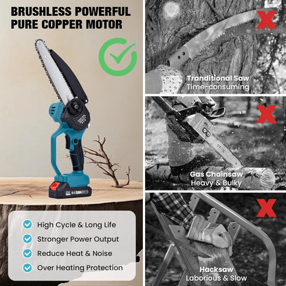 21V Cordless 2-in-1 Pole Saw & Mini Chainsaw Combo, 8″& 6″ Guide Bar Chains, Battery Powered Tree Trimmer, Protective Handle, Auto-Oil System, Includes Case & Safety Kit (Chainsaw)