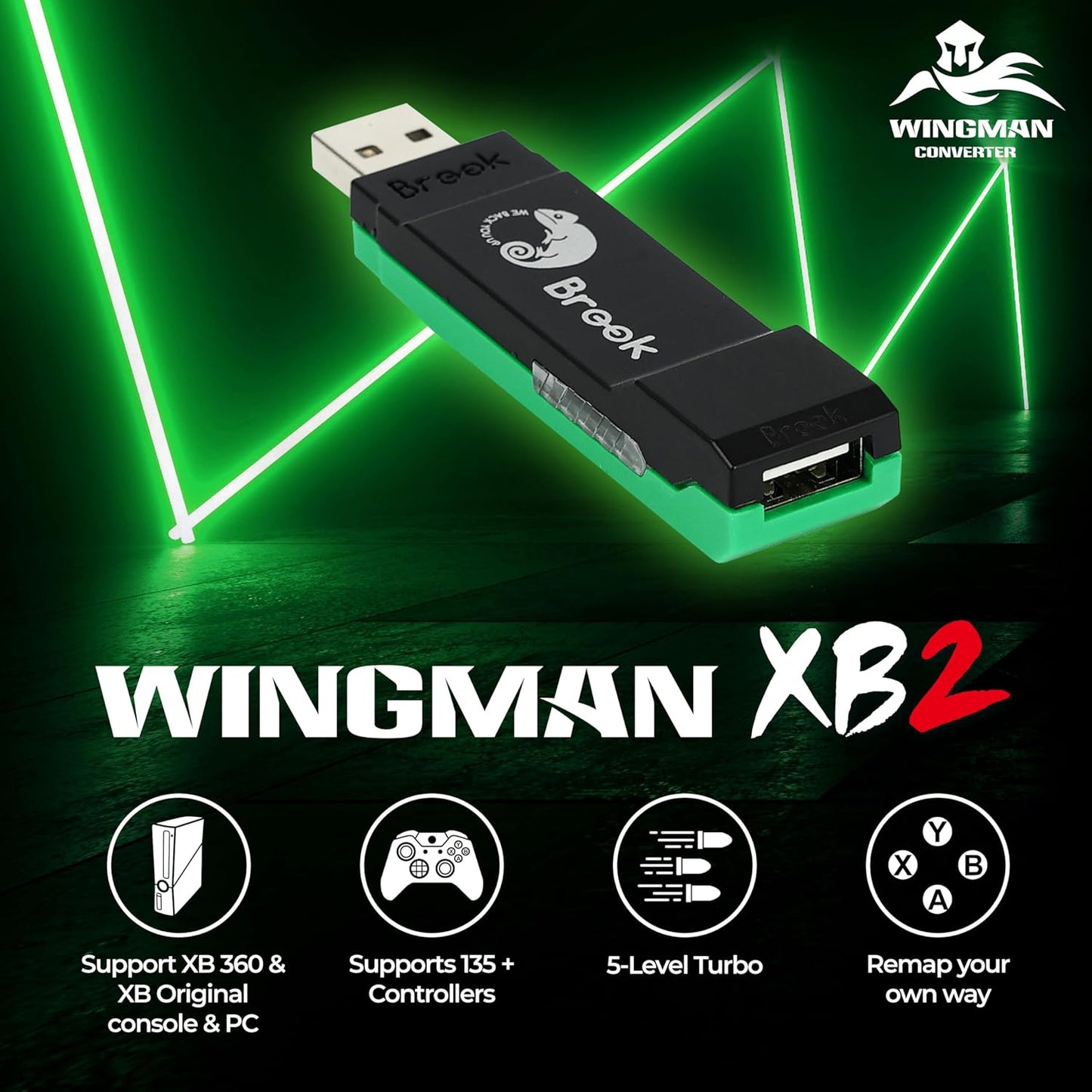 Brook Wingman XB 2 Converter- Wireless Controller Adapter for XB 360, XB Original Consoles and PC, Supports Remap and Adjustable Turbo [Exclusive Version]
