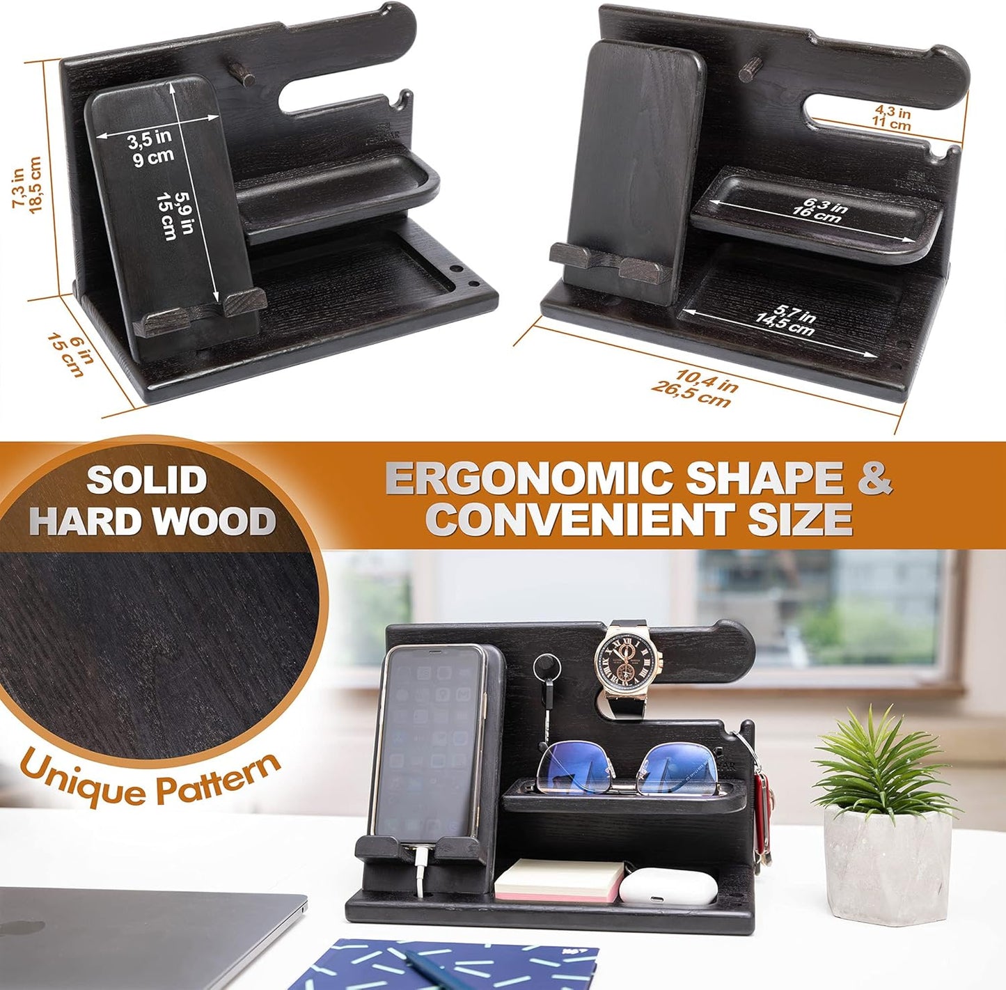 Wood Phone Docking Station Ash Key Holder Wallet Stand Watch Organizer Men Gift Husband Wife Anniversary Dad Birthday Nightstand Purse Father Graduation Male Travel Idea Gadgets (Brown)