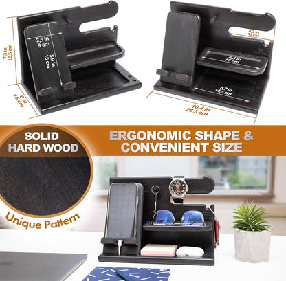 Wood Phone Docking Station Ash Key Holder Wallet Stand Watch Organizer Men Gift Husband Wife Anniversary Dad Birthday Nightstand Purse Father Graduation Male Travel Idea Gadgets (Brown)
