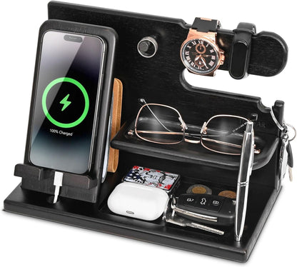 Wood Phone Docking Station Ash Key Holder Wallet Stand Watch Organizer Men Gift Husband Wife Anniversary Dad Birthday Nightstand Purse Father Graduation Male Travel Idea Gadgets (Brown)