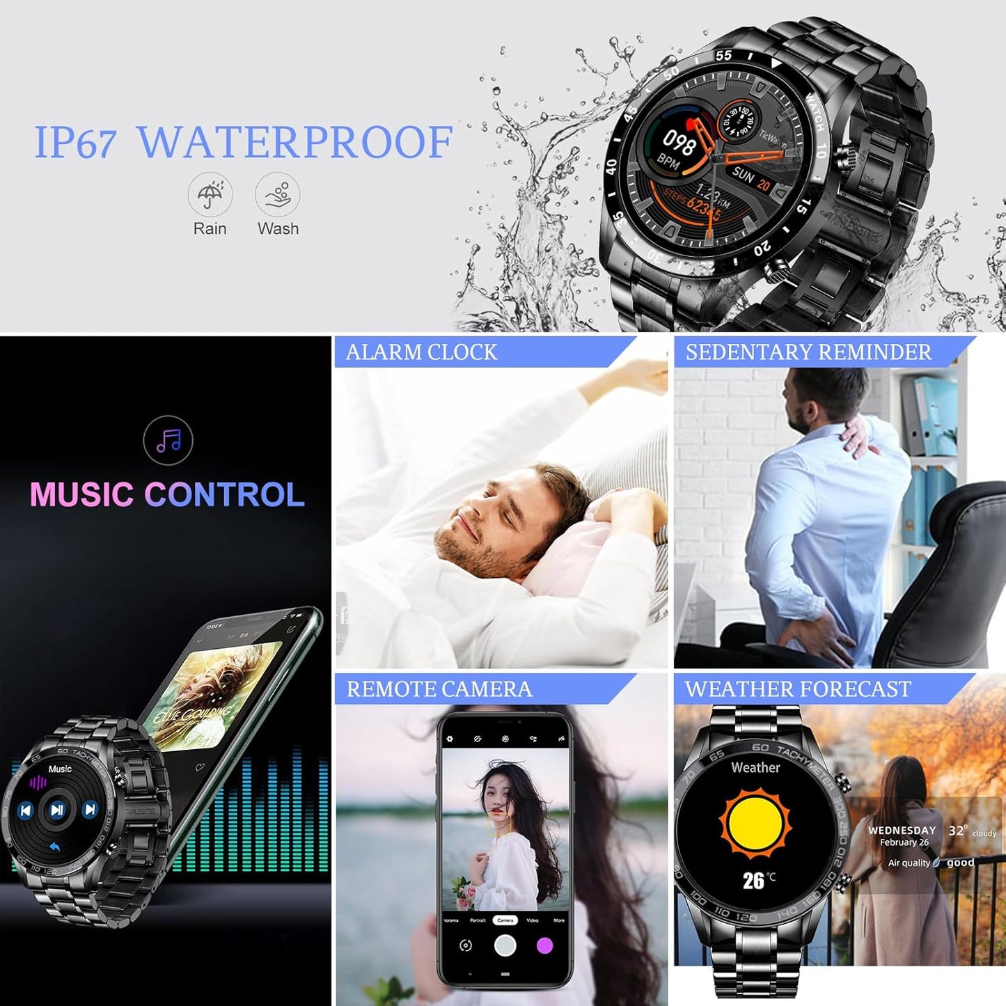 FILIEKEU Men Smart Watch for Android iOS, Bluetooth Calls Voice Chat with Heart Rate/Sleep Monitor Fitness Tracker, 1.3" Full Touch Screen IP67 Waterproof Stainless Steel Activity Tracker for Men,
