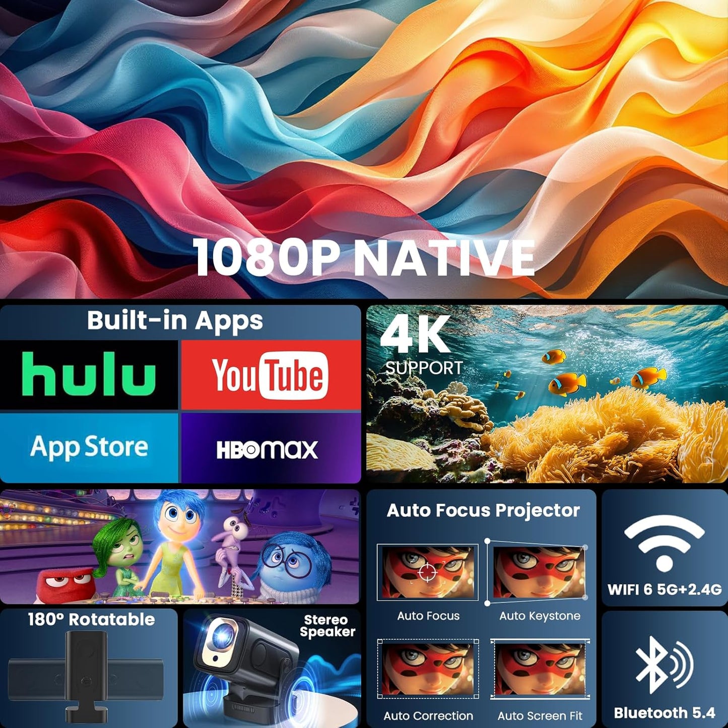 Projector [Auto Focus & 1080P Native & Bulit-in Apps] 4K Support Auto Correction Air Remote WiFi 6 Bluetooth 5.4 Portable Projector Compatible with HDMI/TV Stick/Memory Stick/Laptop, White