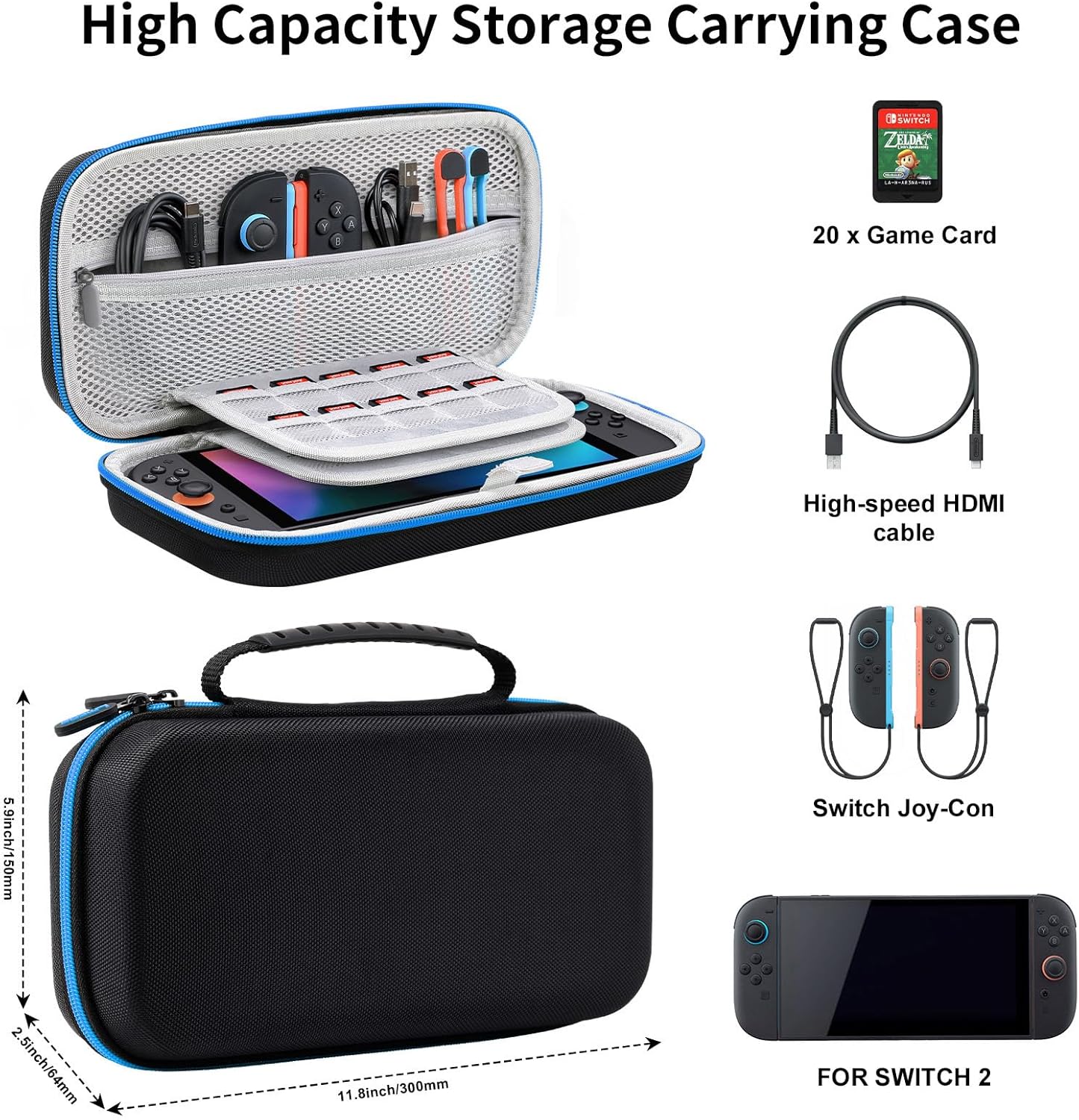 Lmcpa Carrying Case for Nintendo Switch 2 (2025) 7.9 Inch Console, Protective Hard Shell Portable Switch Travel Case, Durable Ballistic Nylon, Large Capacity, Accessories for Switch 2, Black