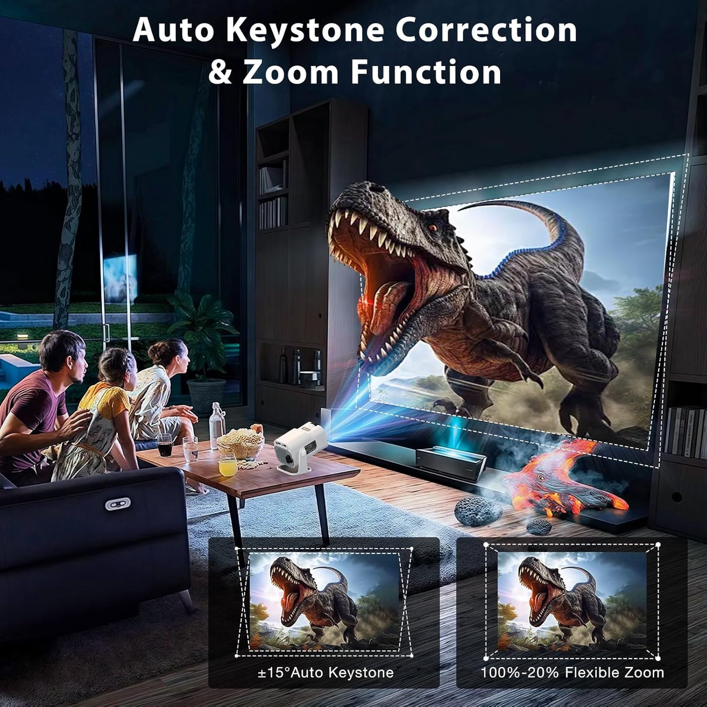 Mini Projector, Portable Projector Auto Keystone, Native 4K 1080P Smart Projector with WiFi 6, Bluetooth 5.0, Built-in Android 11.0, 10000 Lumens, Screen Adjustment, 180 Degree Rotation, White